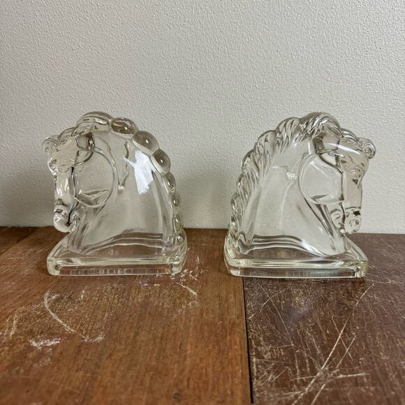 Federal Glass 1940s Clear Glass Horse Head Book End Pair (2 pc) Shelf Decor - Picture 1 of 9
